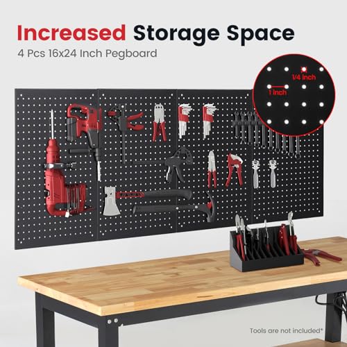 Work Table for Garage 60 Inch Workbench with Storage Adjustable Height Rubber Wood Tabletop Work Bench with Power Outlets Pegboard Pad for Cutting Wood Shop Woodworking Home Office