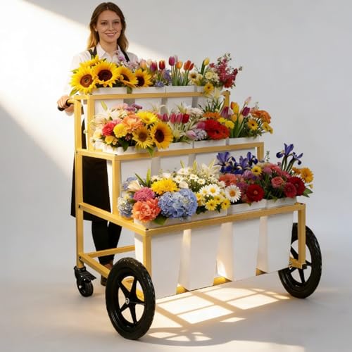 Heavy Duty Flower Cart Display Stand with Large Wheels and Handles Metal Flower Plant Stand with 12 Buckets Moving Flower Bouquet Holder for Farmers Market Stand Flower Bar Supplies for Patio Garden Florist Wedding (Gold L33.4*W31.4*H*40.5in)