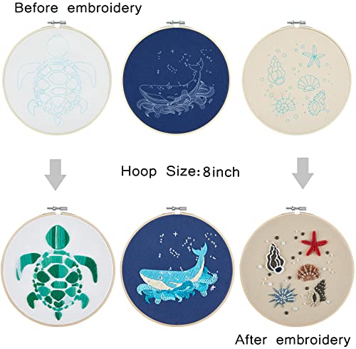 Armindou 3 Sets Embroidery Starter Kits With Coastal Pattern For Adults Beginners, Beach Stamped Cross Stitch Kit Hand Diy Needlepoint Kit, 3 Embroidery Hoops, 3 Embroidery Fabric, Needles And Threads #TOP5