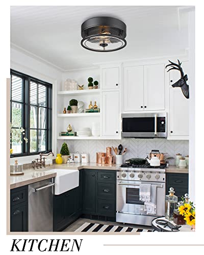 Black Flush Mount Ceiling Light, Hwh Industrial Close To Ceiling Light Fixture With Seeded Glass Shade, 12'' Light Fixture Ceiling For Hallway, Farmhouse, Foyer, Laundry, Matte Black, 5Hwy65F Bk #TOP4