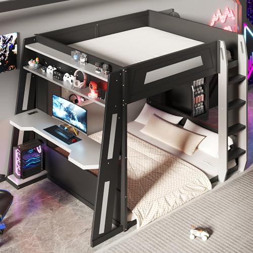 Image of GDFStudio Queen Over Queen Bunk Bed Frame with Desk, USB and LED Light, Solid Wood Gaming Bunk Bed Queen Size with Storage Shelves, High Loft Bed Queen Size with Under Entertainment Space, Black+Grey