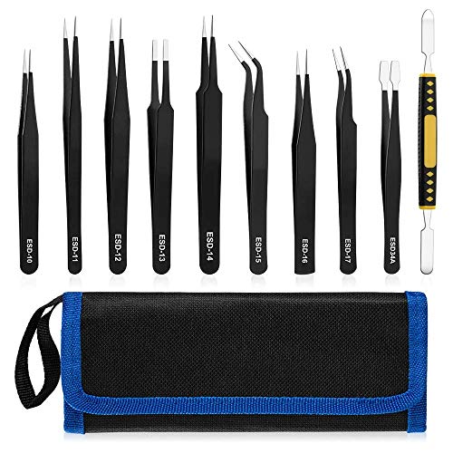 Image of Corslet 10 Pcs Precision ESD Tweezer Set Anti-Static Stainless Steel Tweezer kit for Craft, Jewelry, Electronics, Soldering, Repair Work with Storage Bag