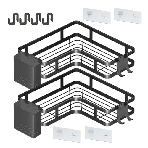 Estante de baño, estante de ducha esquinero, organizador montado en la pared, acero al carbono adhesivo, fuerte capacidad de 15 kg, para baño, cocina, lavandería, 9.84 x 9.84 pulgadas, color negro, 2