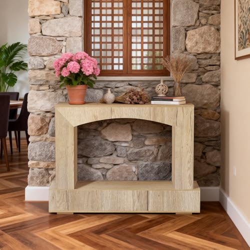 Image of Sonharlar 46 Inch Entryway Table U-Shaped, Wooden Console Table with Socket Farmhouse Sofa Table for Entrance, Hallway, Living Room,Behind Couch((Natural Brown)