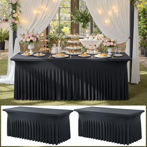 Image of 2 Pack Black Spandex Tablecloth 6ft with Ruffled Skirt,Wrinkle Free High Stretch Fitted Tablecloths for 6 Foot Rectangle Tables,Pleated Elastic Spandex Table Covers 6ft for Parties Wedding Banquet