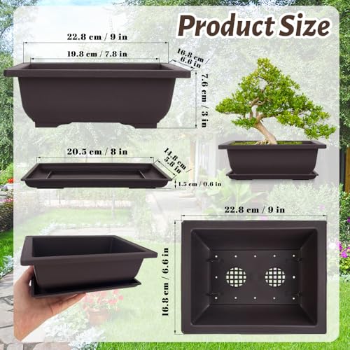 Cezoyx Set van 8 bonsai-trainingspotten met drainagebakken, 22,5 cm bonsaiplanten, kweekpotten, rechthoekige plantenpotten voor tuin, binnenplaats, kantoor, woonkamer, veranda, balkon, woondecoratie - Afbeelding 3