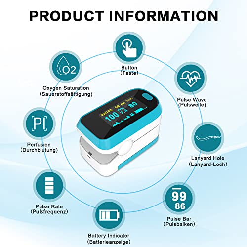 MOMMED Pulsoximeter, Sauerstoffsättigung Messgerät Finger, Fingerpulsoximeter mit Alarm zur...