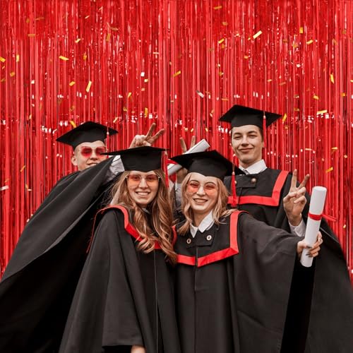 Image of Graduation Backdrop Decorations, Thicken Red Streamers 2 Pack 3.2x8.2 FT, Foil Fringe Tinsel Curtains for Birthday, Valentines, Casino, Carnival Party Decorations