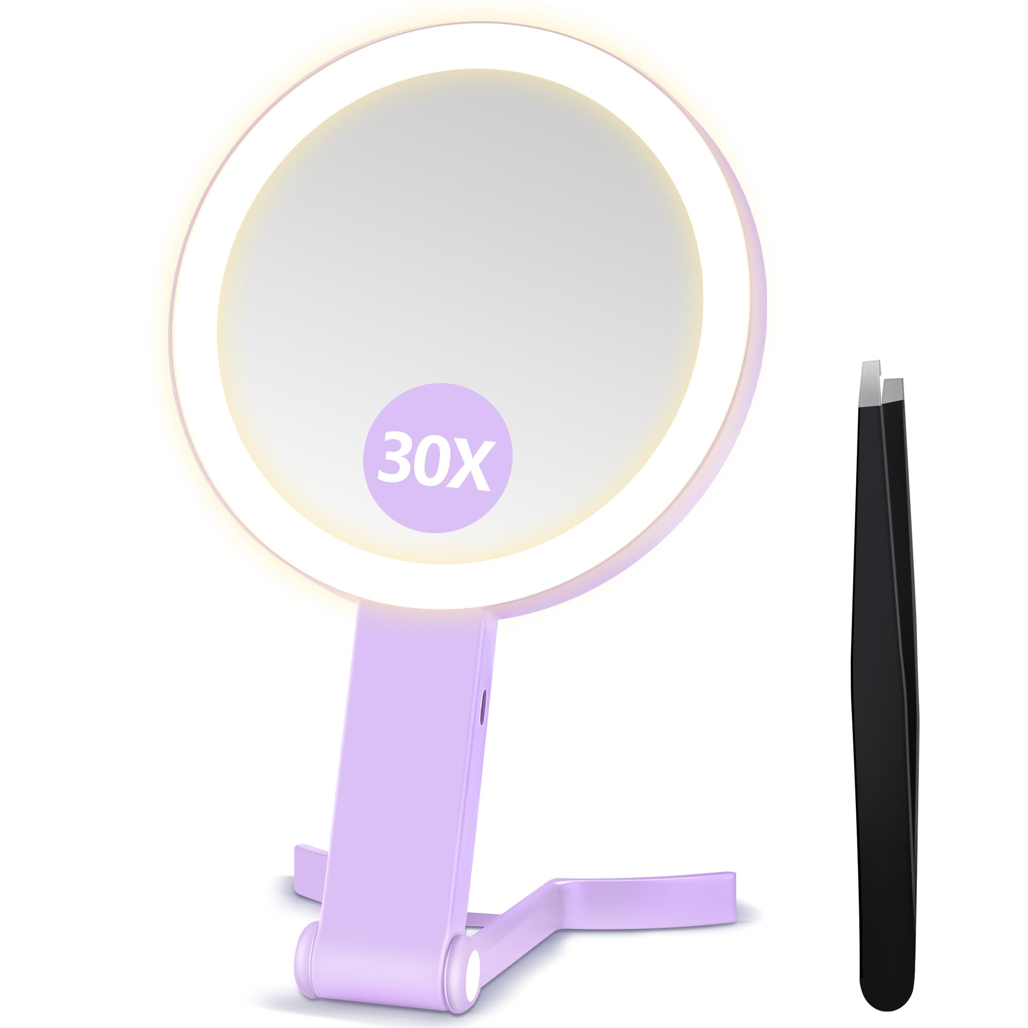 B Beauty Planet Vergrößerungsspiegel mit Licht, Doppelseitiger 30X/1X Vergrößerungsspiegel, Reise-Schminkspiegel mit 3 farbigen Lichtern, Faltbarer Makeup-Spiegel mit Tweezer, Handheld/Tabletop