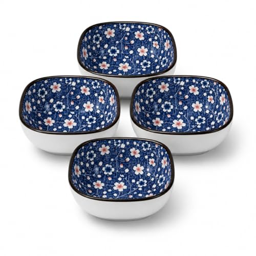 Image of YELONA Japanese Ceramic Bowl Set of 4 | 200ml Blue Floral Porcelain Elegant Serving Bowl for Rice, Soup, Snacks & Dessert | Ceramic Dinner Set for Gifting - (Midnight Sakura)