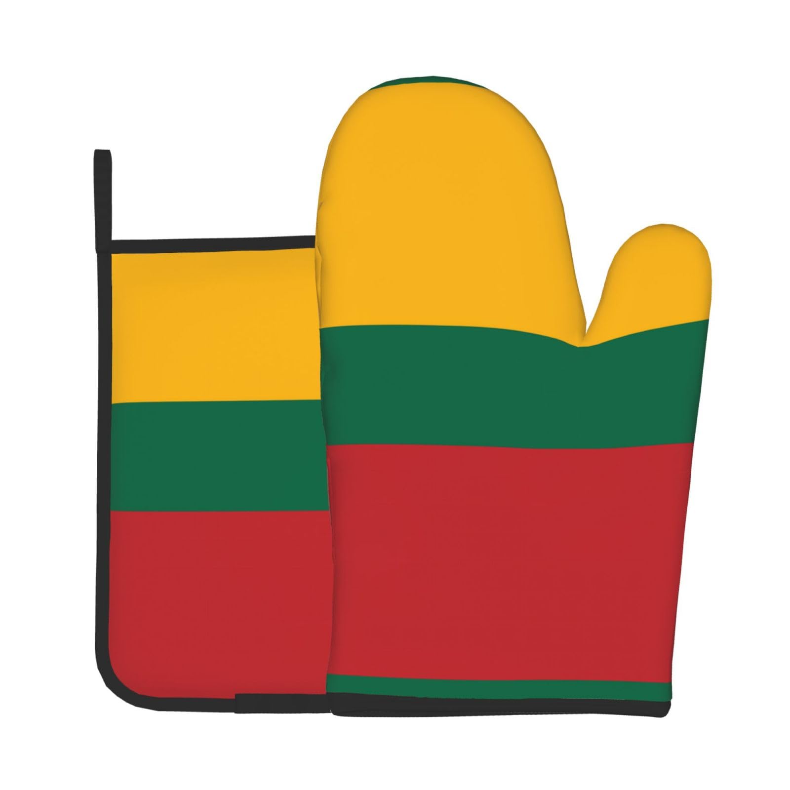 Wbqlsl Black Flag Of Lithuania Oven Baking Gloves, Suitable For Kitchen Microwave, Baking, Cooking, Home Use, Gloves Insulation Pad 2-Piece Set