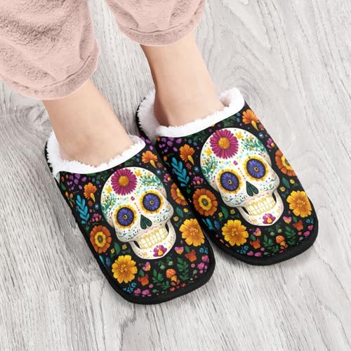 Yellow Skull Flower Slippers For Women Men Soft Memory Foam Non-Slip Hallowmas Winter Indoor House Shoes Travel Slipper4