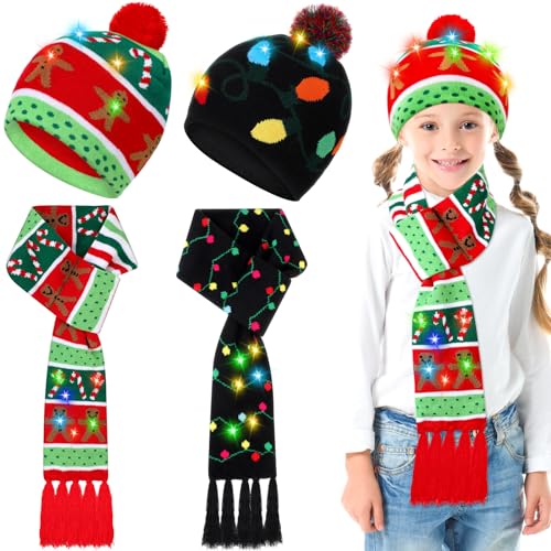 Motivi carini: il cappello di Natale a LED e la sciarpa presentano elementi natalizi, tra cui omino di pan di zenzero, albero di Natale, canna da zucchero e molto altro ancora; il pompon sulla parte superiore del berretto è bello e soffice, e le nappe sul bordo della sciarpa sono delicate