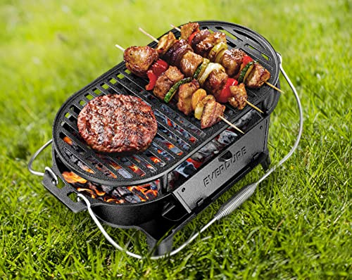 Everdure Oval Cast Iron Grill & Cover – Outdoor, Portable Charcoal Grill and Tabletop Cast Iron Skillet - 100% Cast Iron, Enameled, Durable, Small Charcoal Grill, Camping Stove, Hibachi Grill