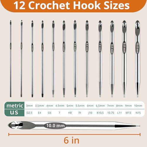 Image of 26 Pack Tunisian Crochet Hook Set with Cable for Beginners Adults, 6 Inch Aluminium Interchangeable Long Crochet Hook Set Crochet Needles Tools for Arthritic Hands (3mm-10mm)