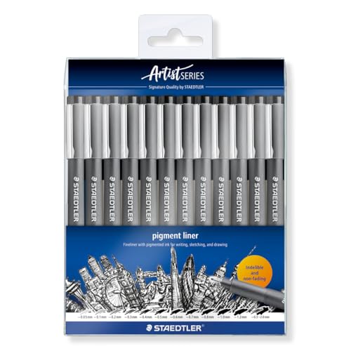 STAEDTLER schwarze pigment liner in unterschiedlichen Linienbreiten, dokumentenechte Pigmenttinte, lange Metallspitze, lange Lebensdauer, 12 Liner in 12 Linienbreiten, 308-9 TB12