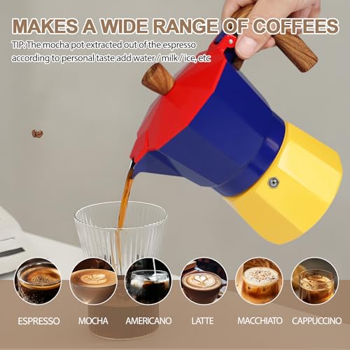 Image of Aluminum 6 Cup 300ml Moka Pot Express Coffee Maker Stovetop Espresso Colorful Coffeemaker Italian Classic Style Brewing Greca Cafe Mocha Machine for Cafeteras Lover Camping Travel and Home Use 10oz