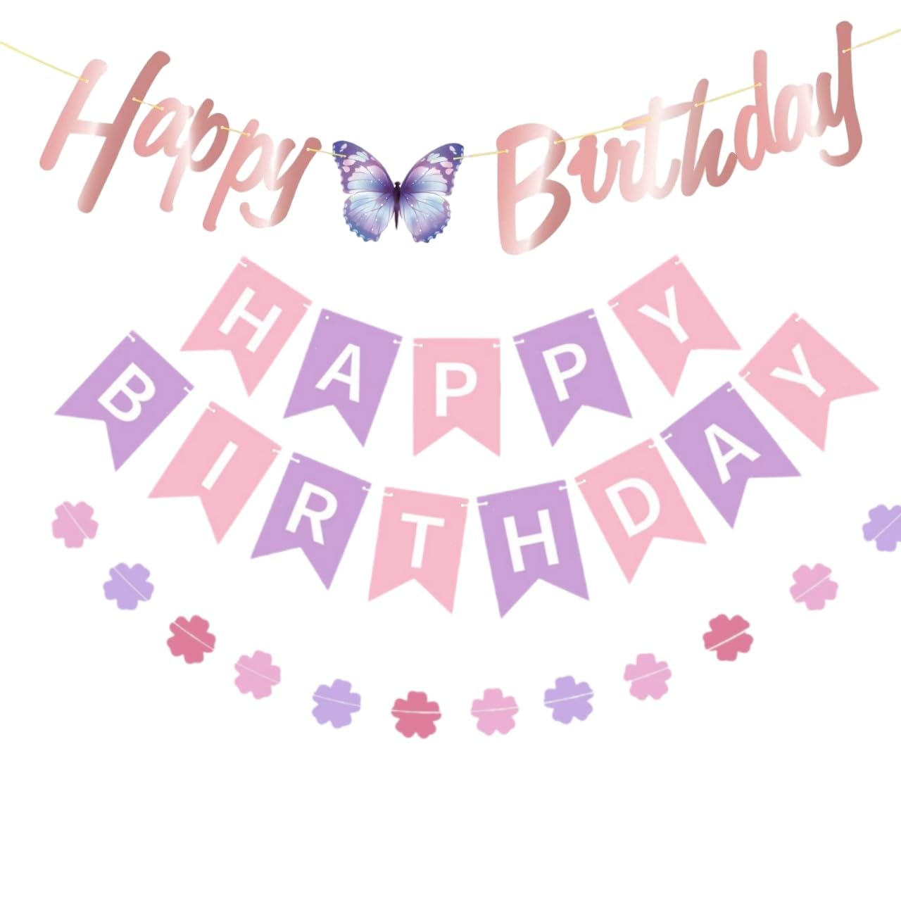 Pre-strung Happy Birthday Banner Purple Pink Birthday Decoration for Women Girl Butterfly Birthday Party Decoration Banner Garland NO DIY Happy