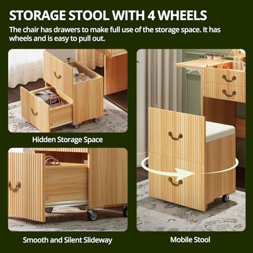 Image of FURSUN 3-in-1 Vanity with Flip Mirror & Lights, Fluted Compact Vanity Table with 3 Drawers, Storage Compartment and Rolling Stool, Modern Small Makeup Vanity for Bedroom, Powder Room, Natural Oak
