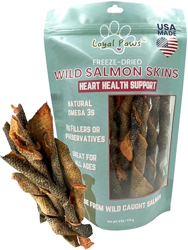 Loyal Paws Wild Salmon Skin Dog Treats USA Made Freeze-Dried Heart Health Support Natural Omega-3 Preservative Free 4 oz