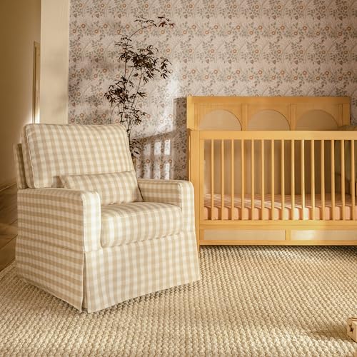 Image of Namesake Crawford Glider Recliner, Tan Gingham | 360 Swivel Ultra Cozy Glider Rocker for Feeding & Relaxing w / Lumbar Pillow - GREENGUARD Certified - For Nursery /Living Room