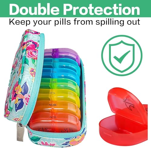 Image of Serfeymi Weekly Travel Pill Organizer 2 Times A Day AM PM Upgraded Rainbow Pill Box 7 Day with Portable Zipper PU Leather Pill Case, Medicine Organizer for Pills, Vitamins, Fish Oils - Green-01