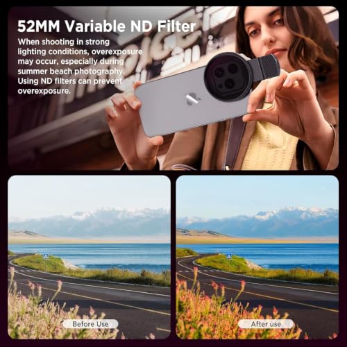Image of 52mm Variable ND2-ND400 Filter with Upgraded Phone Clip, Neutral Density Filter Lens for iPhone 16 /15 /14 /13 Pro Max Samsung Moto Google TCL, HD Double-Sided Multi-Coated Glass