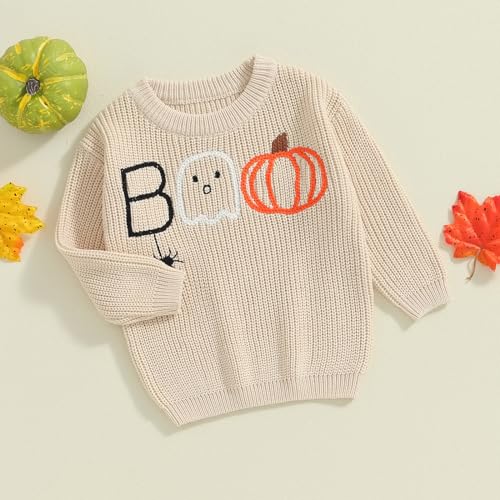 Little Kids Boy Girl Halloween Outfit Pumpkin/Boo Embroidery Knitted Sweater Warm Fall Winter Pullover Tops 12M-5T3