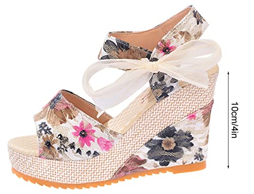 Women Platform Flat Sandals with Ribbon Wedge Ankle Buckle Strap Bowknot Shoes Floral Print Bohemian Beach Open Toe Espadrille Shoes4