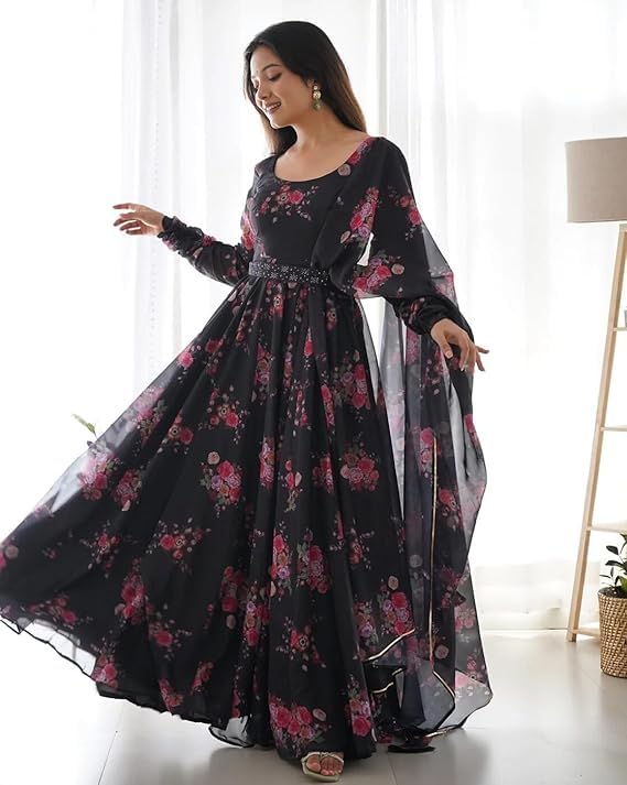 Image of DIGAMBARA Digital Floral Printed Georgette Anarkali Gown for Women, Full Sleeves, Fit and Flare Dresses with Dupatta for Womens and Girls, Black