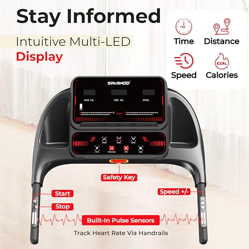 Image of Sparnod Fitness STH-1140 Treadmill for Home Use, 4 HP Peak Motor, 1-14 km /h Speed, Foldable with Bluetooth Speaker & Multi-LED Display, Manual Incline, 12 Preset Programs, Max User Weight 90 kg