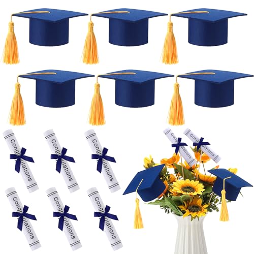 Image of Breling 48 Pcs Blue and Gold Graduation Centerpiece Sticks Felt Graduation Scroll Diploma and Grad Cap with Tassel Decor 2026 Table Toppers Centerpiece Party Supplies for Grad Party Decorations