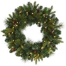 Nearly Natural 24in. Mixed Pine Artificial Christmas Wreath with 35 Clear LED Lights and Pinecones