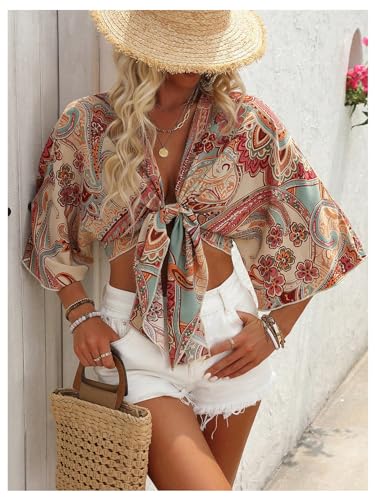 GORGLITTER Women's Boho Tie Front Crop Tops 3/4 Length Sleeve Paisley Blouse Shirt3