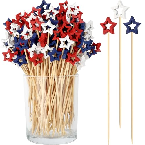[100 Pcs] 4th of July Cocktail Picks Red White Blue Star Toothpicks for Appetizers Food Drinks 4.7 IN Bamboo Fruit Skewers Charcuterie Sticks Independence Day Patriotic Party Decorations Supplies