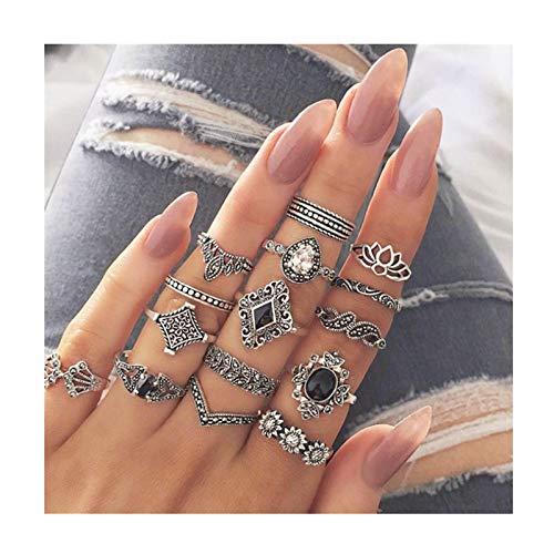 Memeishop 15pcs Vintage Silver Ring Set Flower Crown Rhinestone Joint Knuckle Nail Ring Set for Women and Girls Rings Set for Teens Party Daily Fesvital Jewelry Gift