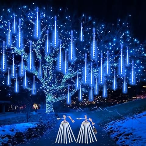 EXF 2-Pack Christmas Decorations Lights Outdoor, Meteor Shower Lights 16 Tubes 384 LEDs Indoor Outdoor Rain Drop String Lights for Xmas Tree Roof (Blue) Cover