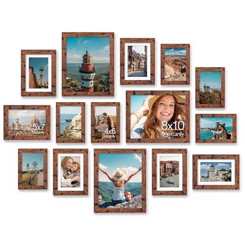 Image of Vittanly 15 Pack Picture Frames Collage Wall Decor for Mounting or Tabletop Display, Gallery Frame Set for Family, Multi Sizes Including 3pcs 8x10, 6pcs 5x7, 6pcs 4x6, Rustic Brown