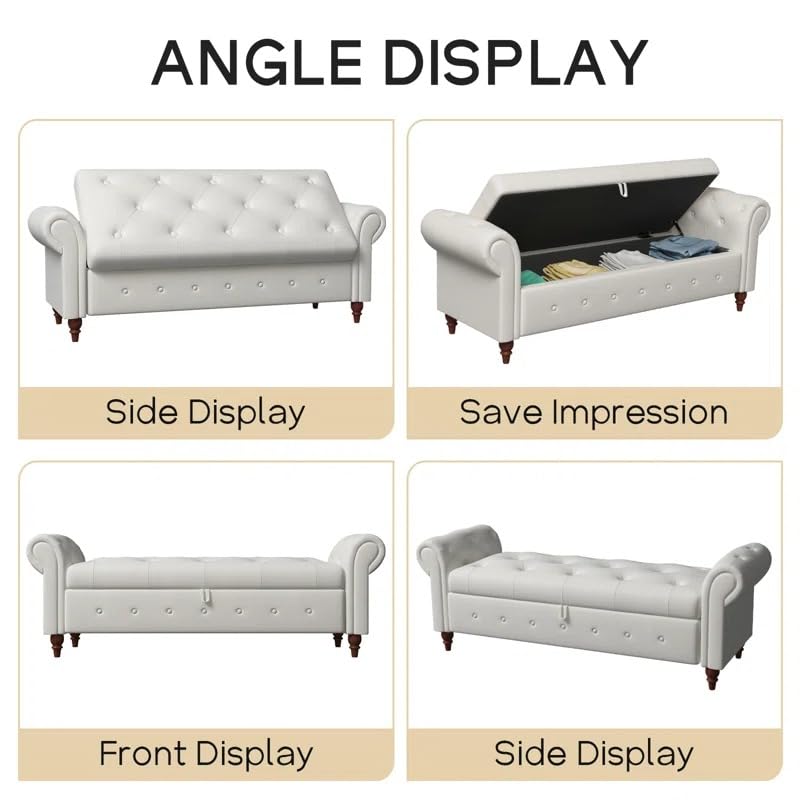 Image of LEGACY OF COMFORT F4 Velvet Upholstered Storage Bench Ottoman 2 Seater Sofa Chaise Lounger or Living Room Bedroom Office (Beige Velvet)