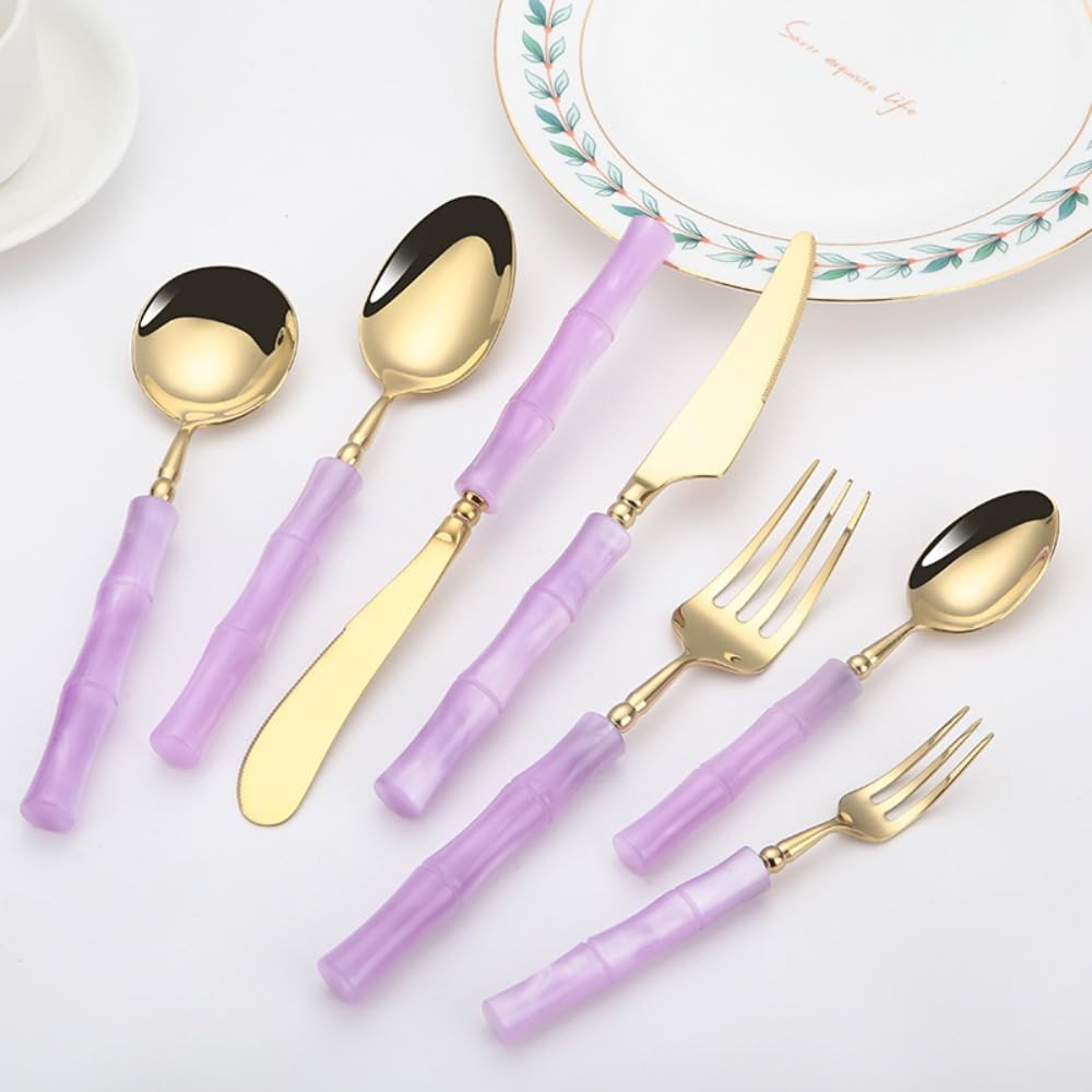 Manico Acrilico Cucina Acciaio Inox Argenteria Stoviglie Posate Set Bistecca Coltello Forchetta Cucchiaio Cucchiaino (Oro viola,Coltello affilato - 6 pezzi)