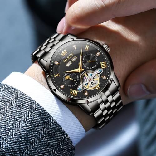 Image of OLEVS Automatic Watches for Men Self Winding Mechanical Skeleton Luxury Dress Stainless Steel Diamond Men Wrist Watches