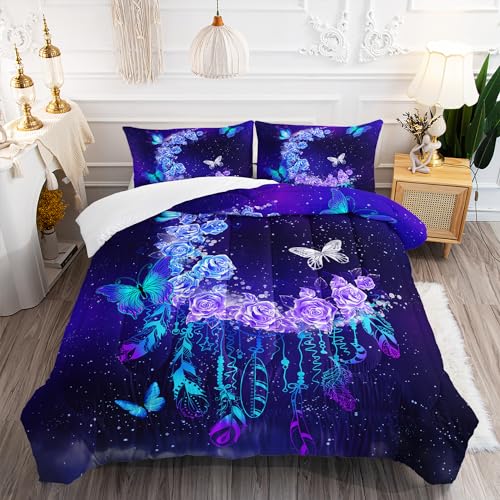 Image of AILONEN Rose Comforter Set Full Size,Galaxy Moon Rose Bedding Set,Blue Butterfly Floral Bed in a Bag Duvet Set 3 Pieces, 1 Quilt and 2 Pillowcases