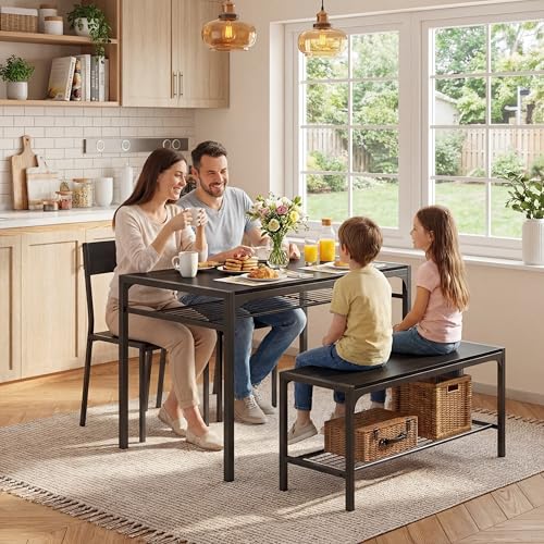 Image of Gizoon Kitchen Table and 2 Chairs for 4 with Bench, 4 Piece Dining Table Set for Small Space, Apartment