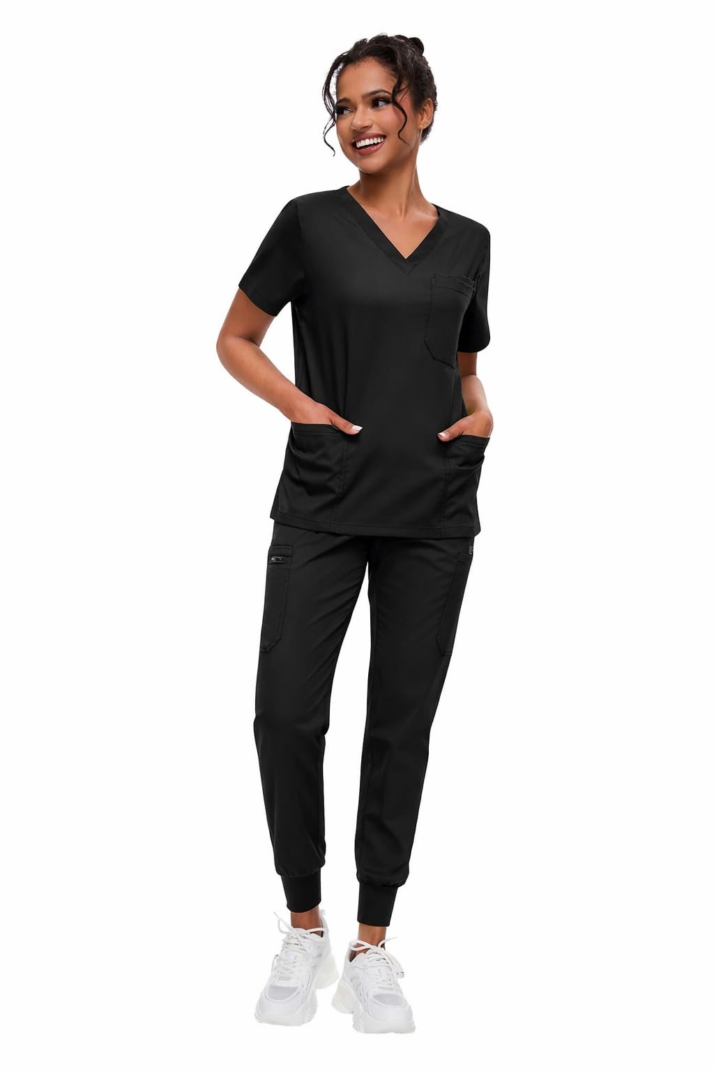 Performance Scrubs Set for Women - Stretch V-Neck Scrub Top & Jogger Trouser Pants with 8 Pockets