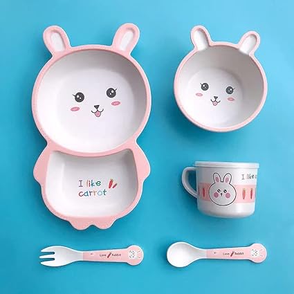 ORTOLY Baby Tableware, Eco Friendly Bamboo Fiber Dinner Set for Weaning Toddler/Kids, Self Feeding Baby Utensil Set of 5pcs, 1 x Plate, 1 xBowl, 1 x Glass, 1 x Spoon, Multicolor (Cute Rabbit)