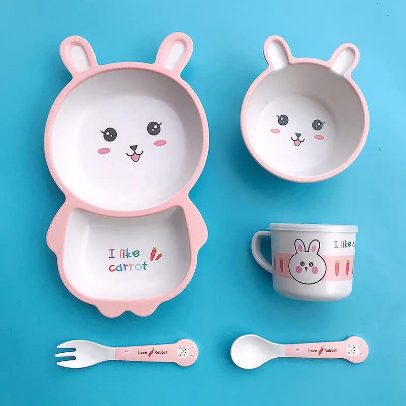 Baby Tableware, Eco Friendly Bamboo Fiber Dinner Set for Weaning Toddler/Kids, Self Feeding Baby Utensil Set of 5pcs, 1 x Plate, 1 xBowl, 1 x Glass, 1 x Spoon, Multicolor (Cute Rabbit)
