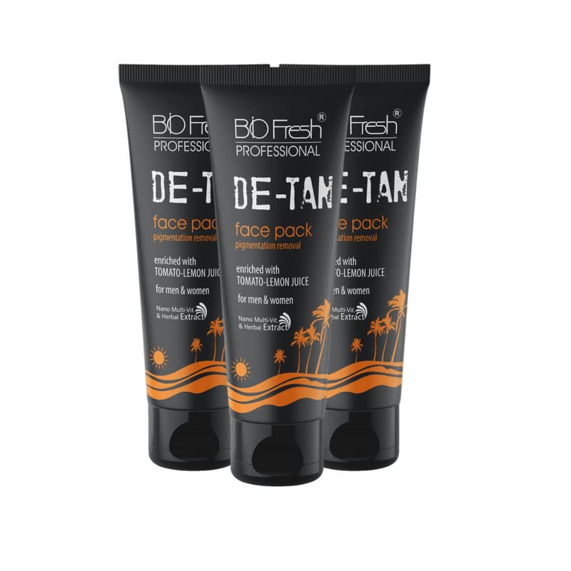 BIOFRESH De-Tan Face Pack - 75ml Instant Tan Removal & Sun Damage Protection Pack for Glowing Skin with Tomato & Lemon Juice Oil Control Facial Pack for All Skin Types (Pack of 3)