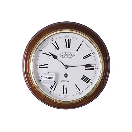 Image of Seiko Dark Wooden Quartz/Battery Round Station Wall Clock with Gold Coloured Bezel, White Dial & Roman Numerals. QXA143B