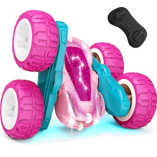 Tecnock Pink Remote Control Car for Girls and Boys, 2.4GHz RC Cars with USB-C Easy Charging, 4WD Double Sided 360° Rotates and Flips RC Stunt Car, Toys Gift for Kids Ages 6-8, 8-12