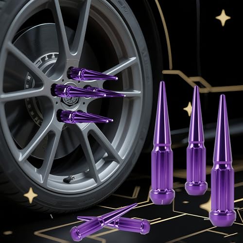 Image of EZAccessory 14x1.5 Spline Spike Lug Nuts 24 Pieces Purple with Key Bulge Acorn Lug Nut for Chevy Silverado GMC Sierra 1500 2500 3500
